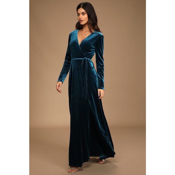 MEDIUM Lulu’s Jacinda Teal Blue Velvet Wrap Maxi Dress - Picture 2 of 6